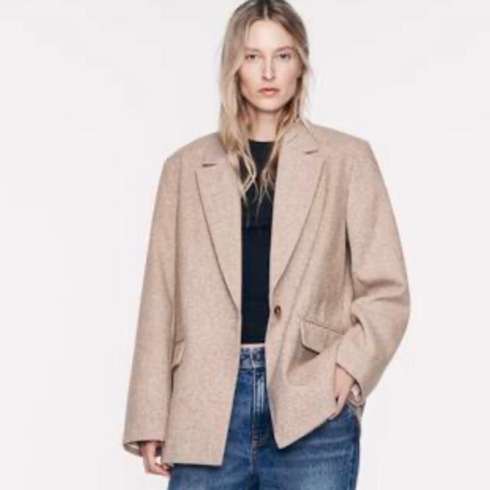 Zara Straight Cut Wool Blend Herringbone Blazer Taupe Size L